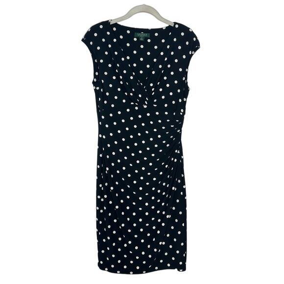Lauren Ralph Lauren Women Polka Dot Surplice Faux Wrap Ruched Sheath Dress Sz 10 - Picture 1 of 6